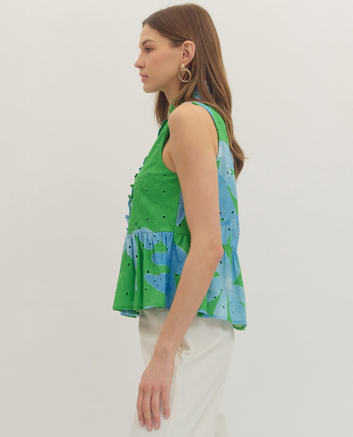 Entro Eyelet Print Top Peplum Green