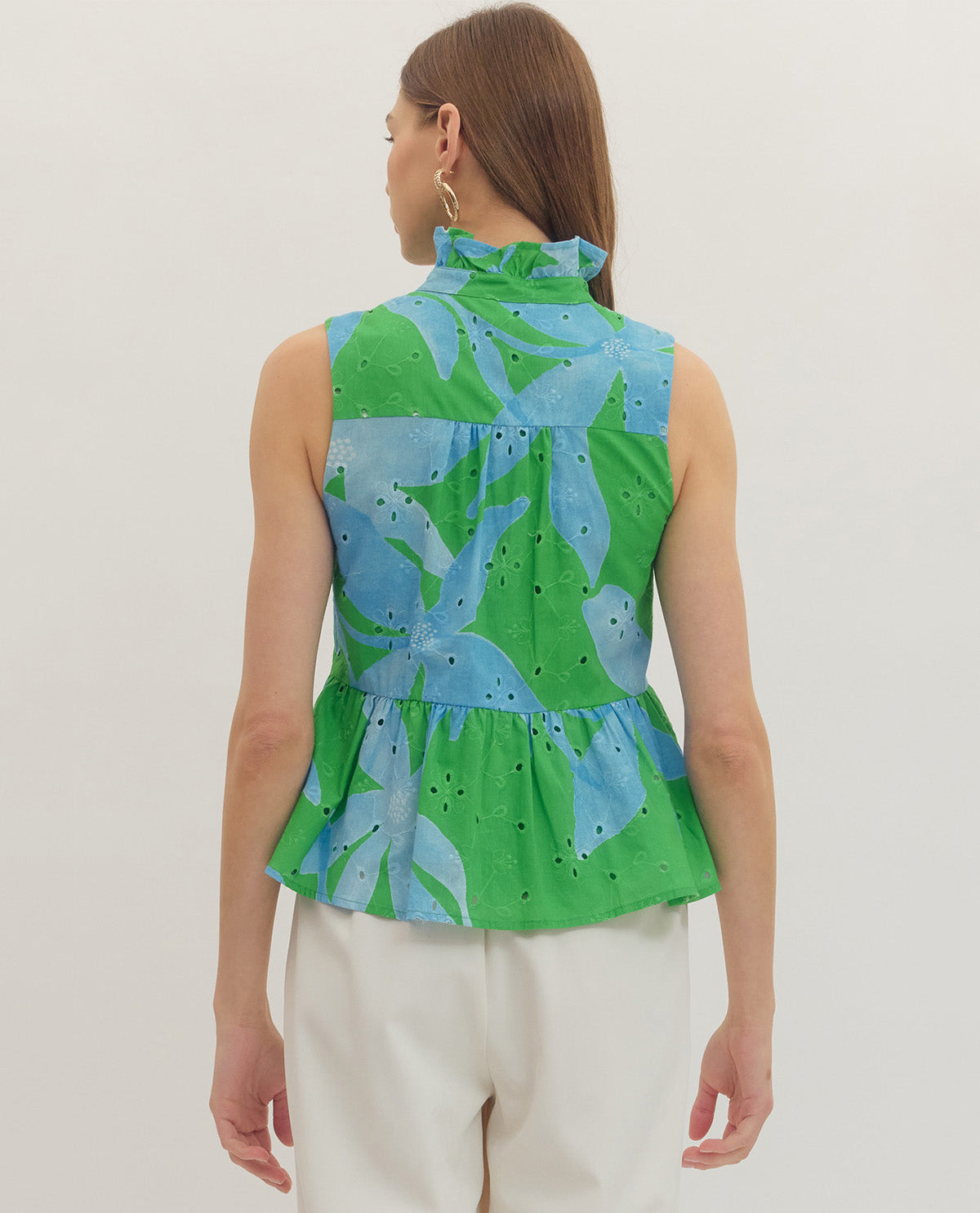 Entro Eyelet Print Top Peplum Green