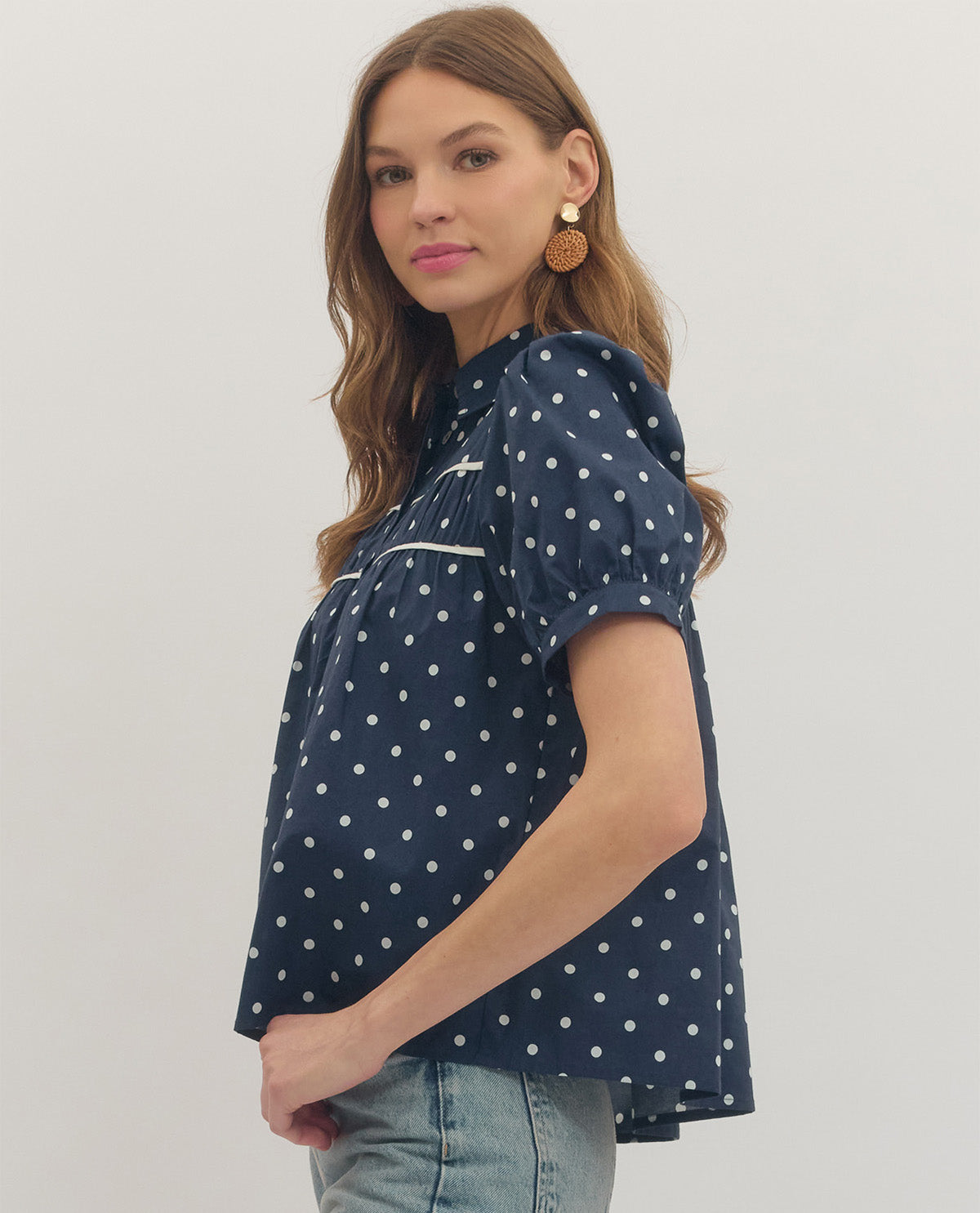 Entro Polka Dot Top With Puff Sleeve Navy