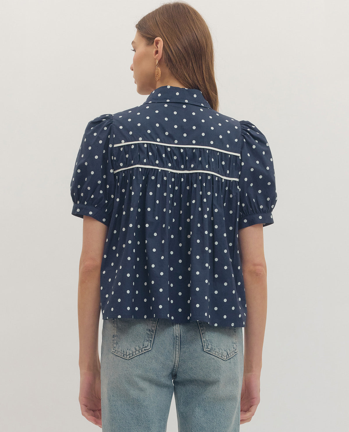 Entro Polka Dot Top With Puff Sleeve Navy