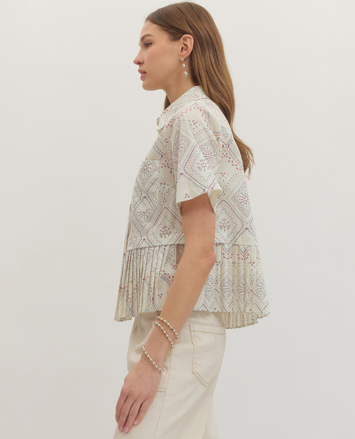 Entro Button Front Top With Peplum Hem Cream