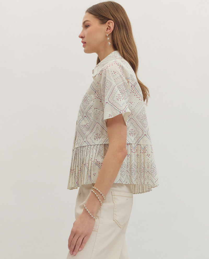 Entro Button Front Top With Peplum Hem Cream