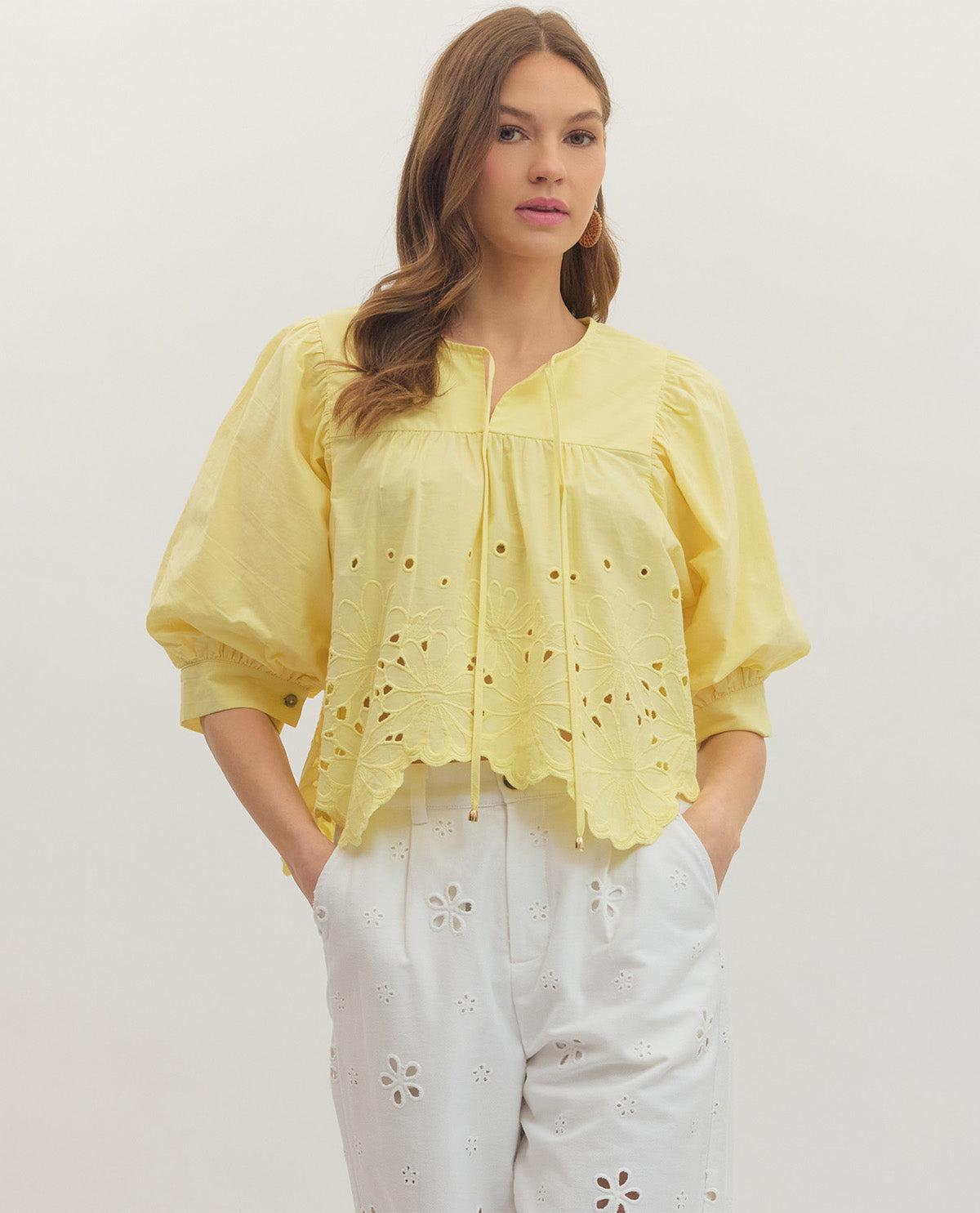 Entro Solid Puff Sleeve Top With Eyelet Trim Yellow