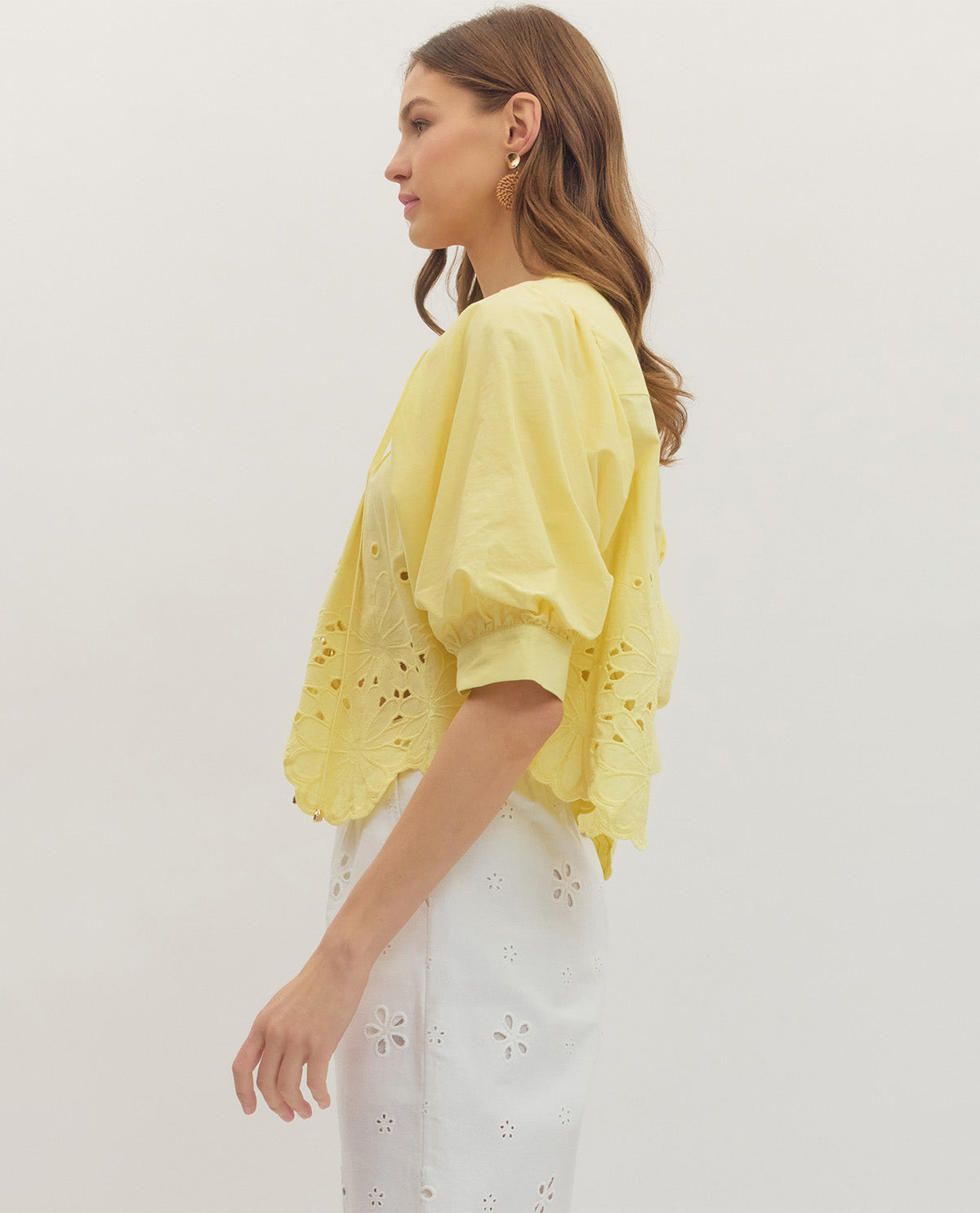 Entro Solid Puff Sleeve Top With Eyelet Trim Yellow
