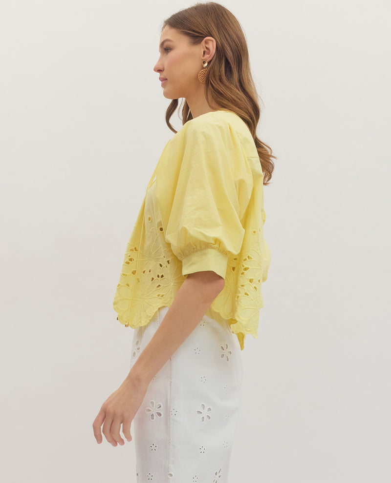 Entro Solid Puff Sleeve Top With Eyelet Trim Yellow