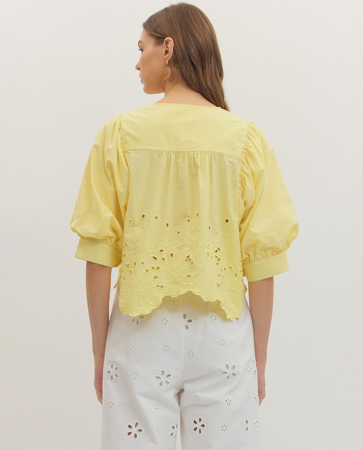 Entro Solid Puff Sleeve Top With Eyelet Trim Yellow