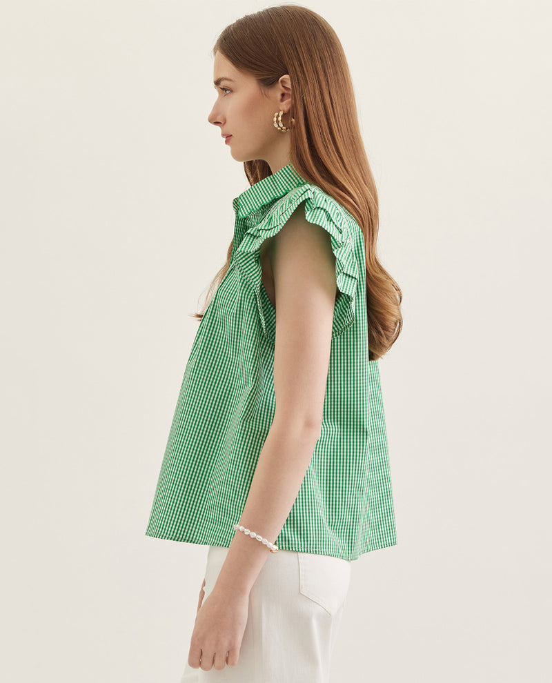 Entro Button Front Flutter Sleeve Top Green