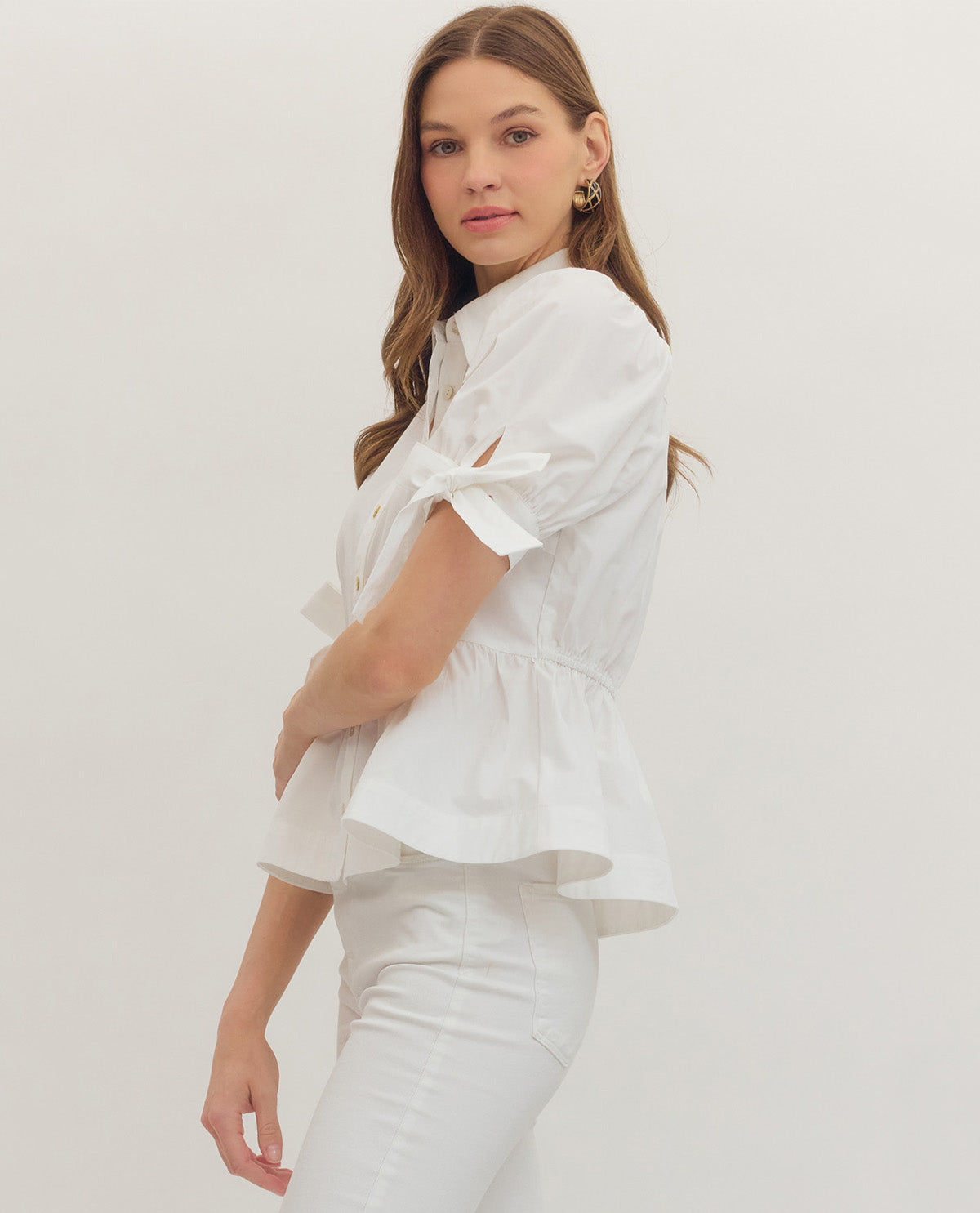 Entro Solid Peplum Top With Tie Sleeve Off White