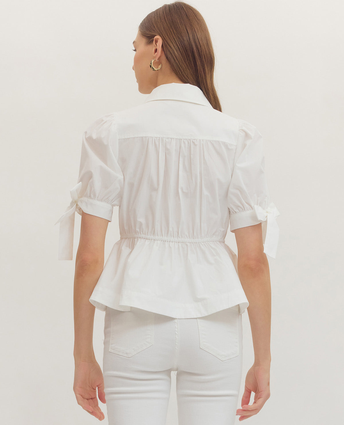 Entro Solid Peplum Top With Tie Sleeve Off White