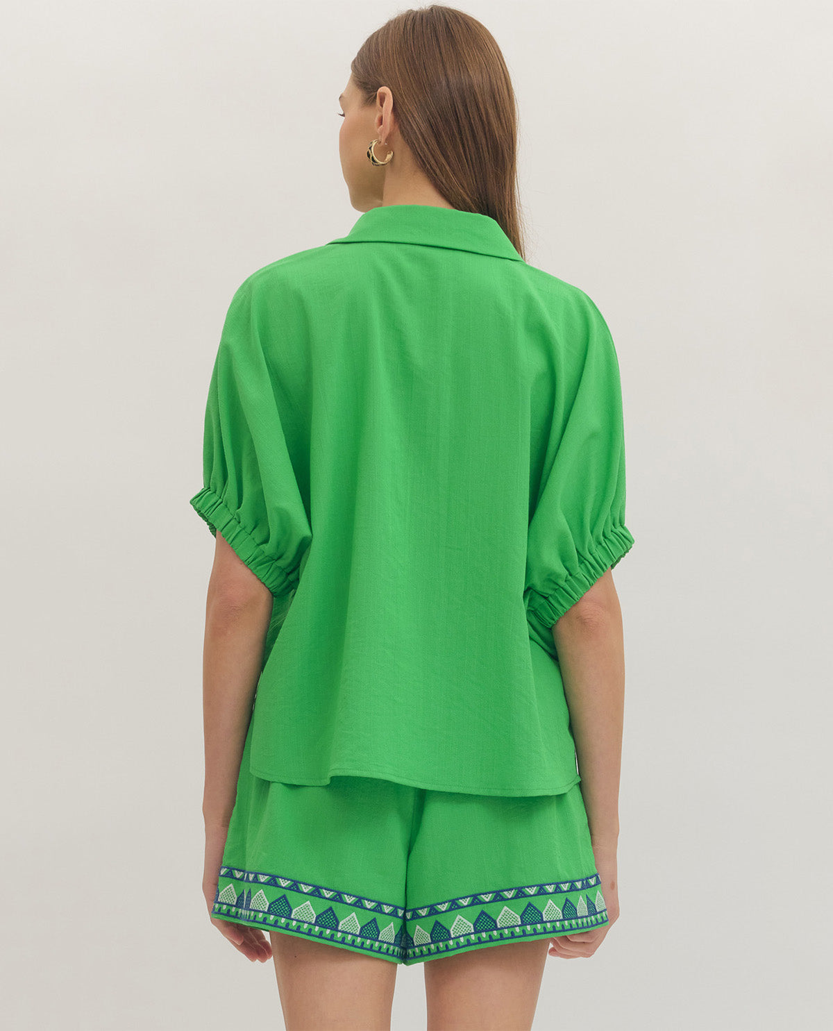 Entro Solid Dolman With Embroidered Trim Green