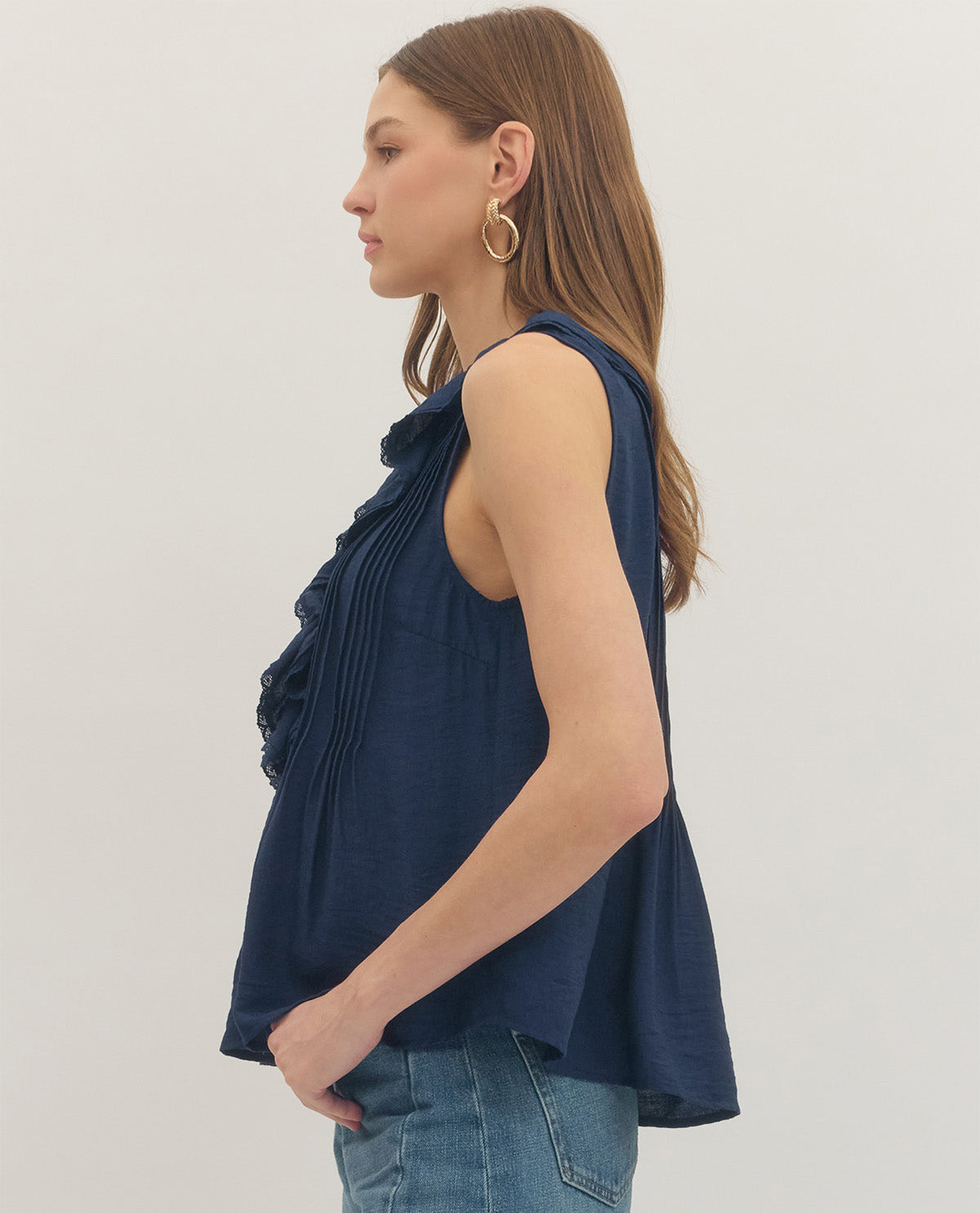 Entro Solid Pleated Top With Ruffle Trim Navy