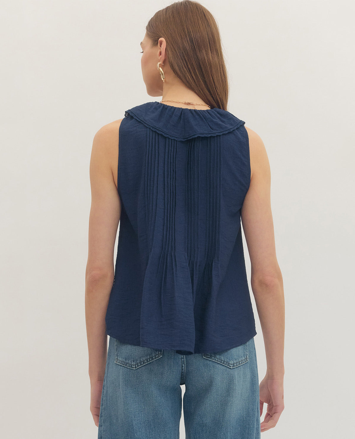 Entro Solid Pleated Top With Ruffle Trim Navy