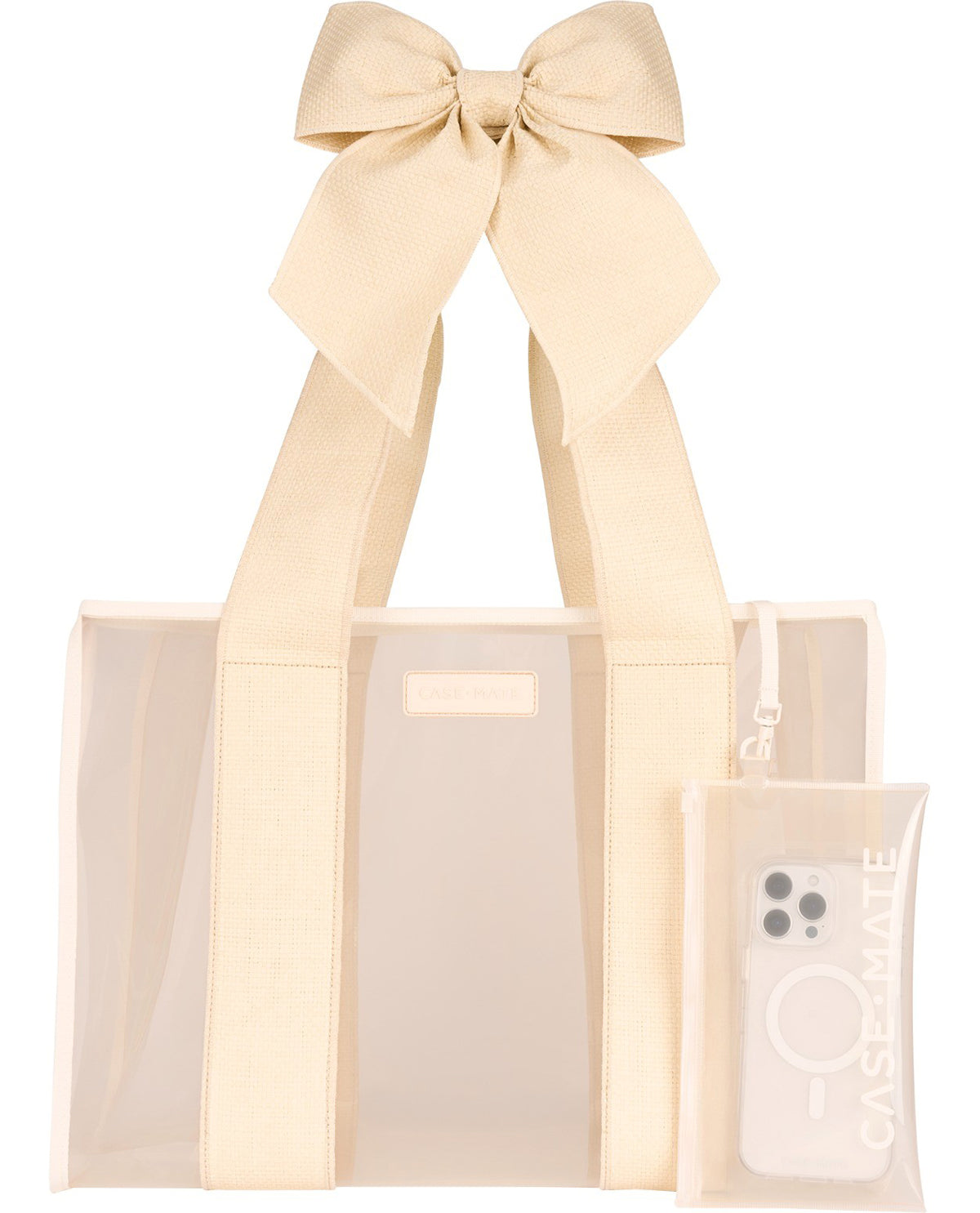 A clear plastic tote bag with cream-colored fabric handles and a matching cream ribbon bow at the top, shown on a white background. A matching clear phone case with a MagSafe ring is attached to the side.