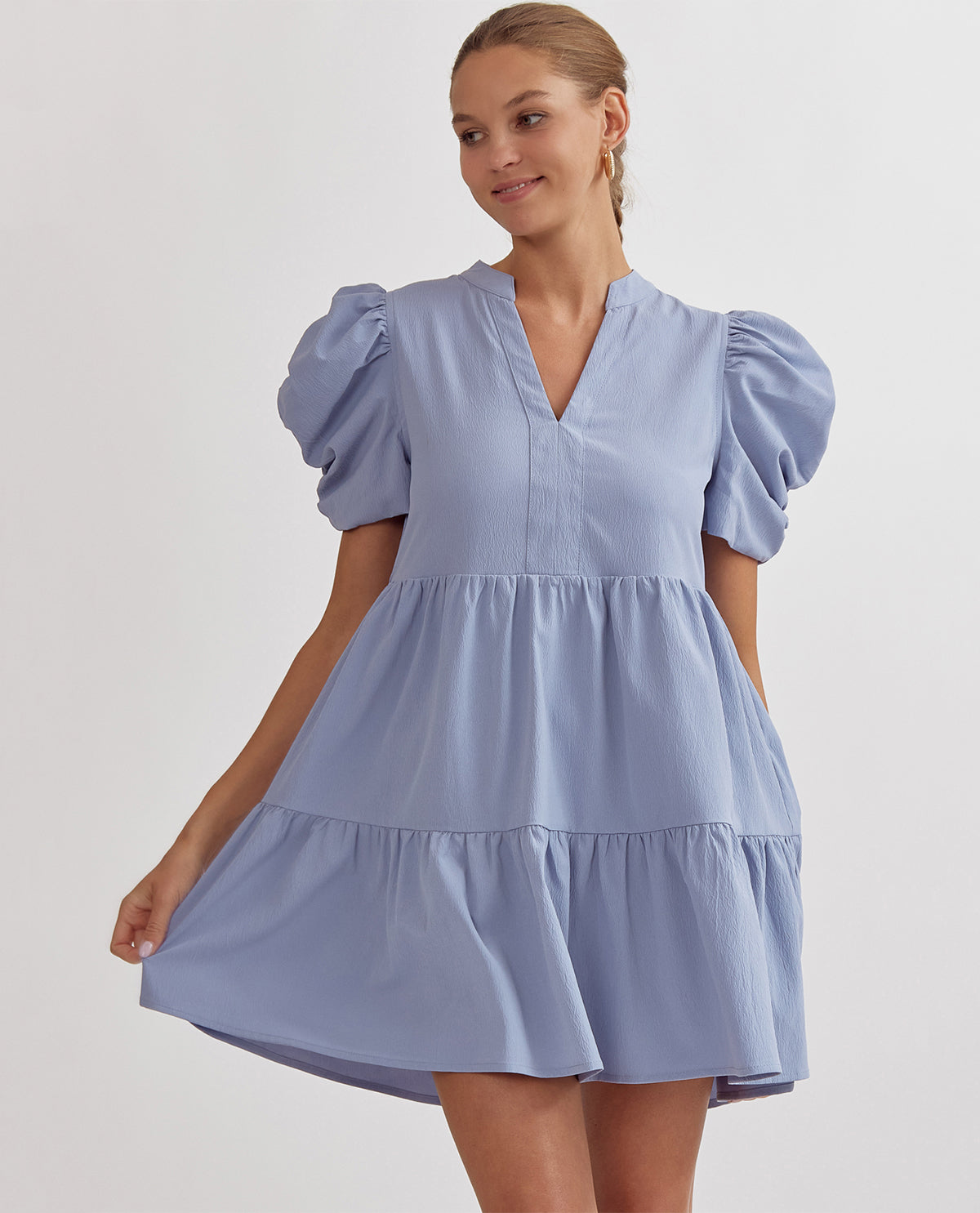 Solid V-Neck Puff Sleeve Mini Dress