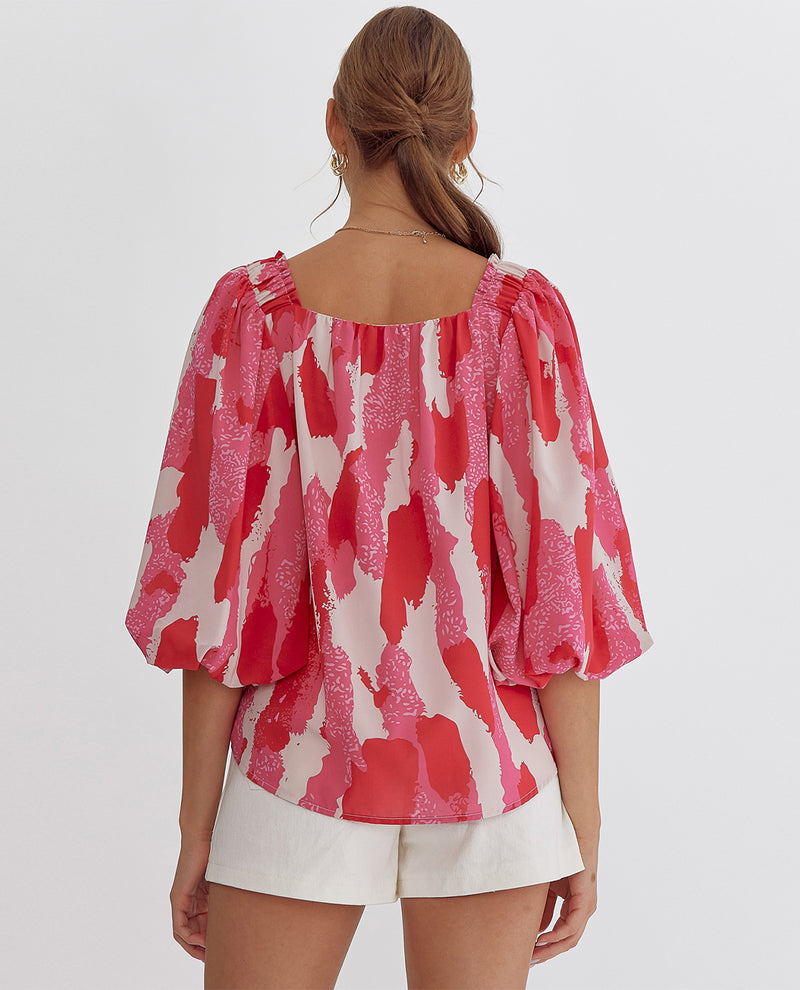 Printed Square Neck 3/4 Bubble Sleeve Top