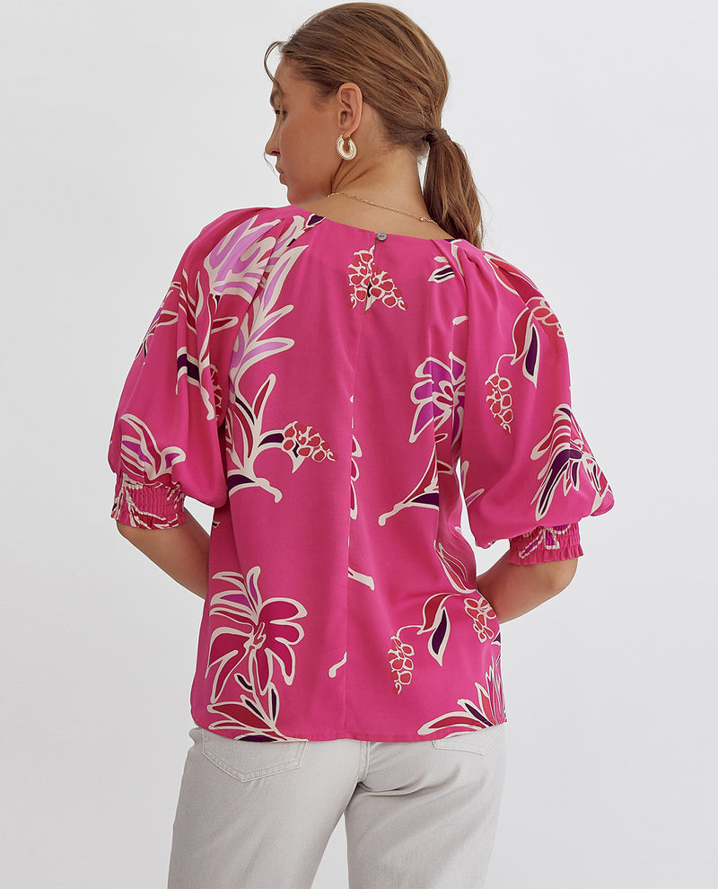 Floral Print Round Neck 3/4 Sleeve Top
