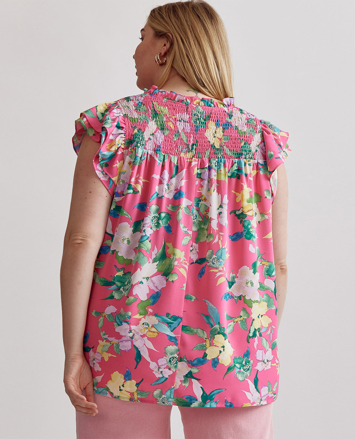 PLUS Floral Print V-Neck Ruffle Sleeve Top