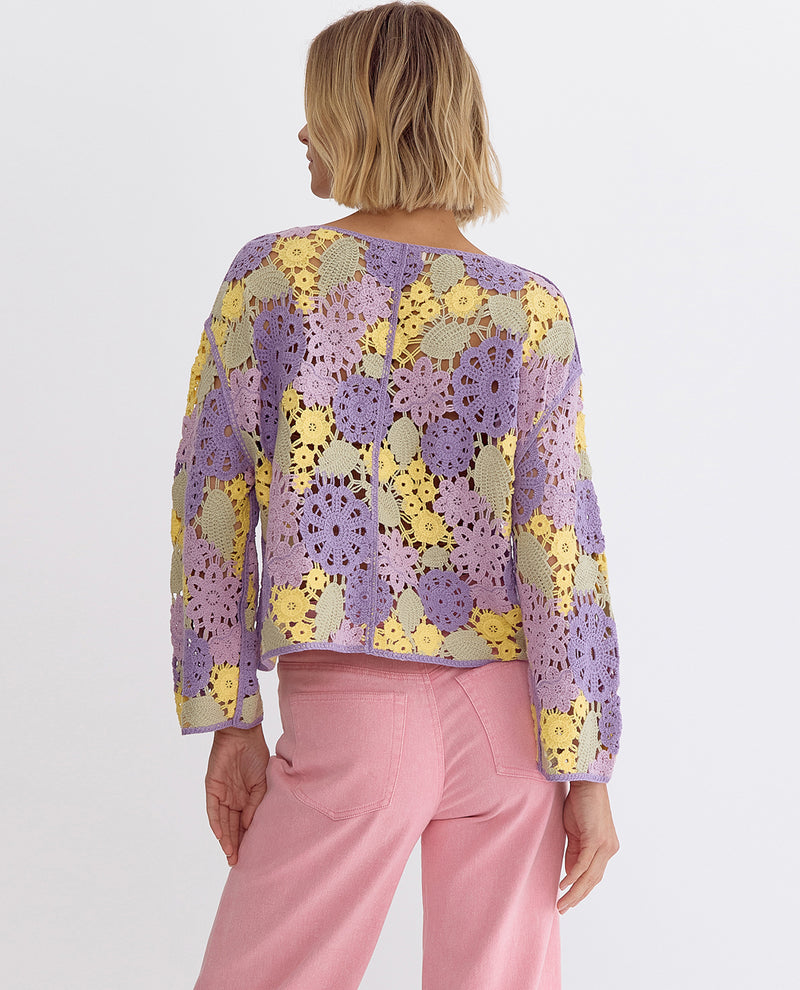 Round Neck Long Sleeve Floral Crochet Top