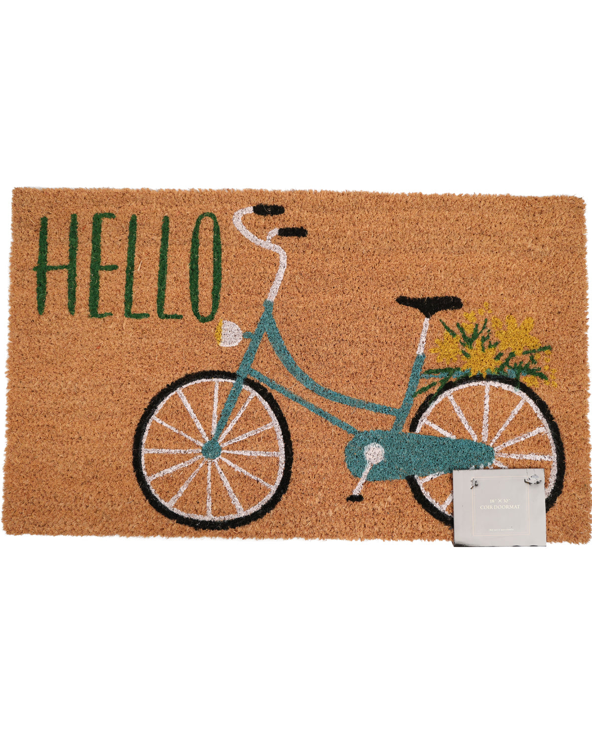 Doormat with bicycle and 'HELLO' text design on a white background