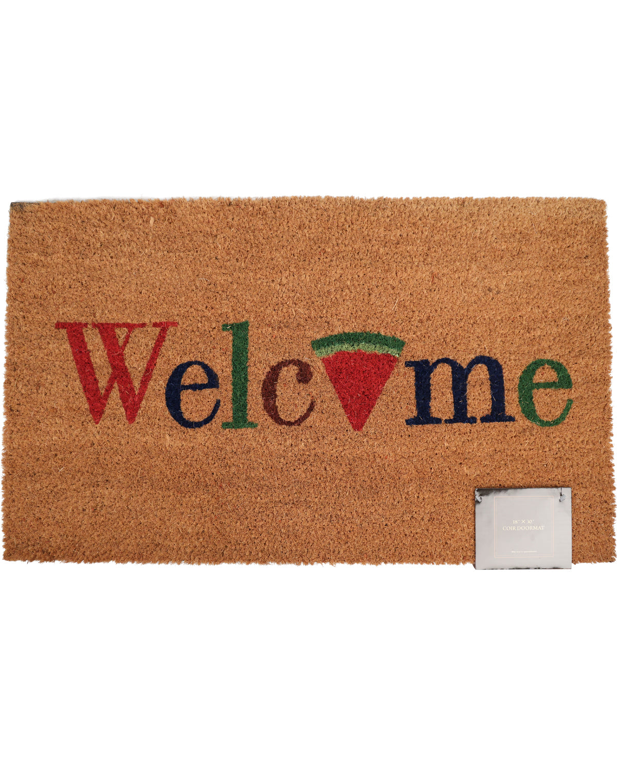Doormat with 'Welcome' text in multicolor on a brown background