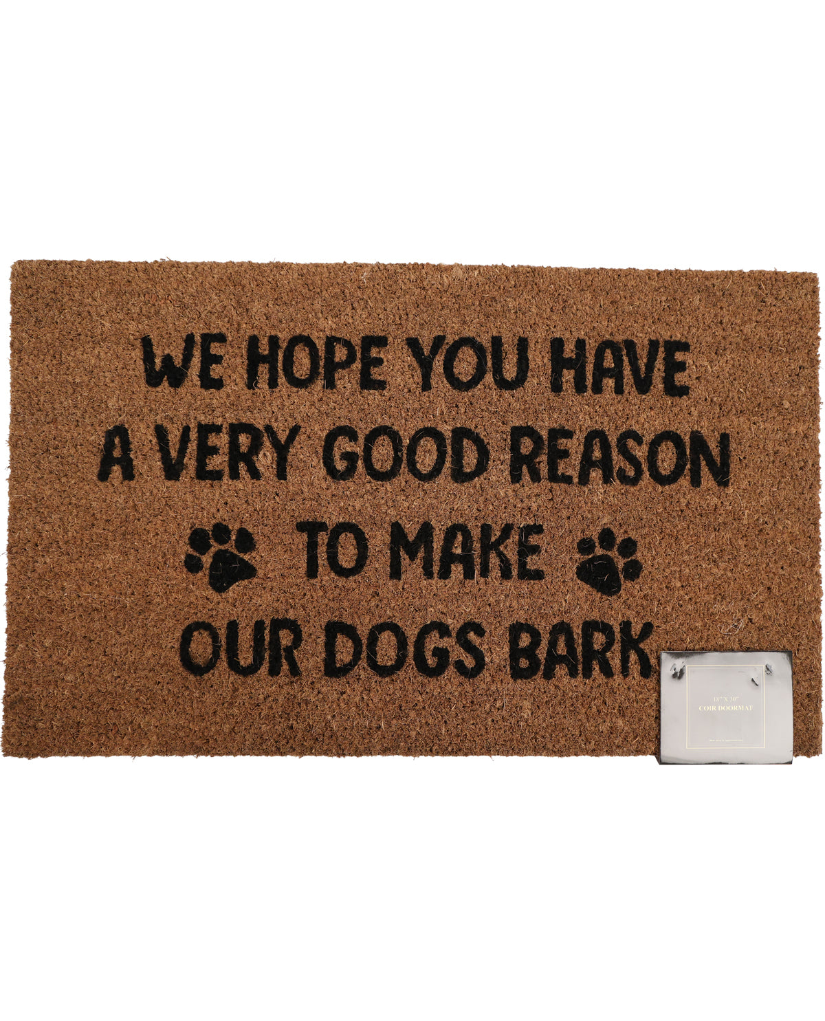 Doormat with humorous text and paw prints on a white background