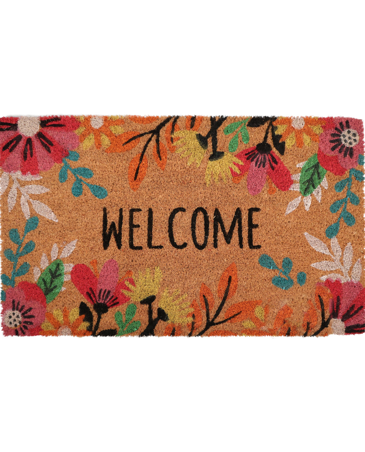 Decorative doormat with floral patterns and the word 'WELCOME' on a white background
