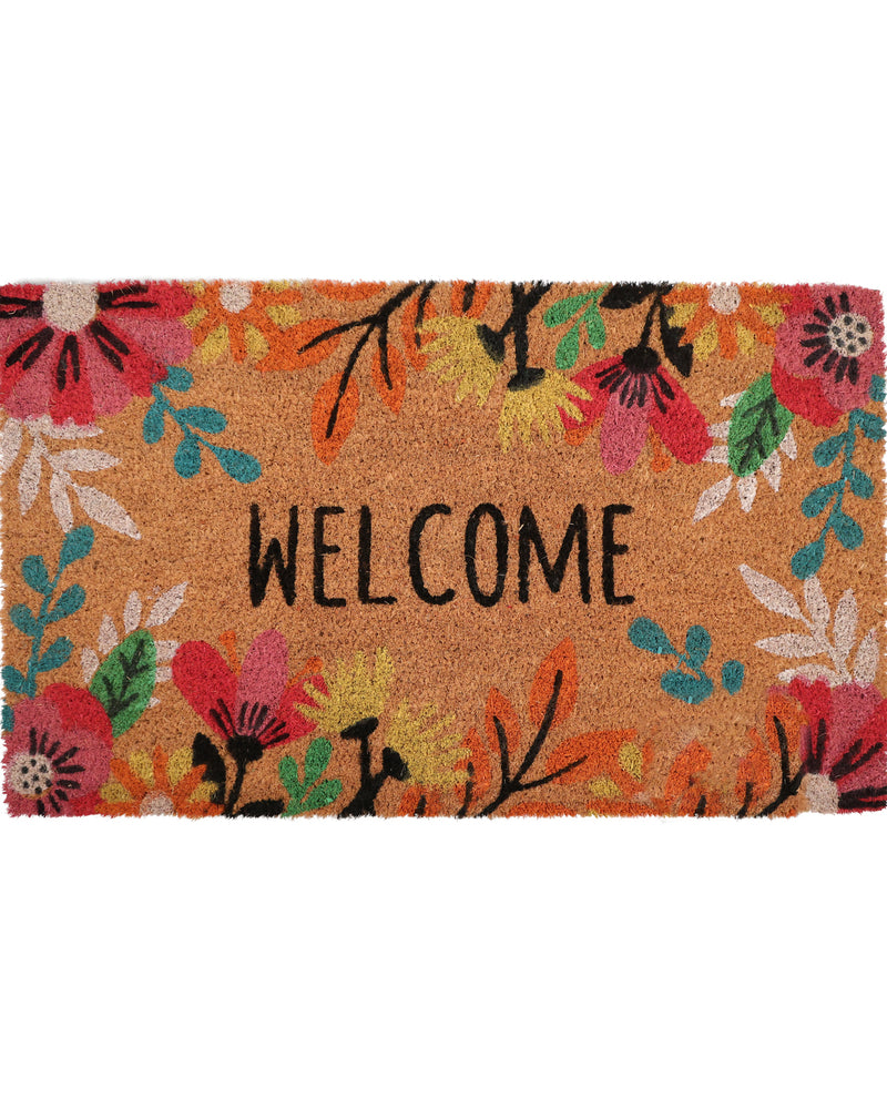 Decorative doormat with floral patterns and the word 'WELCOME' on a white background