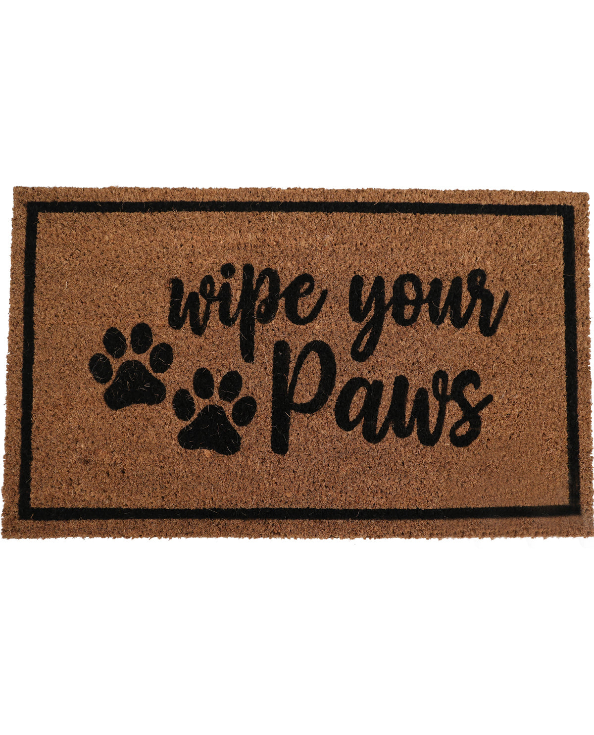 Doormat with 'wipe your paws' text and paw prints on a white background