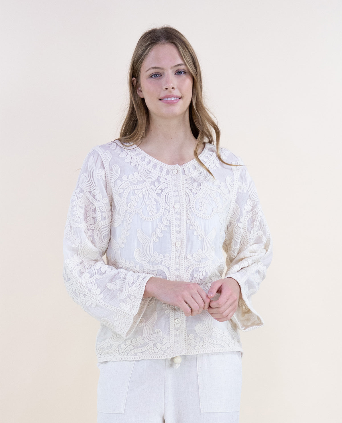 Original USA Embroidered Button Front Top Beige
