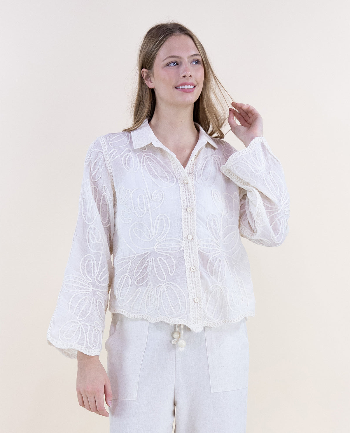 Original USA Scalloped Hem Button Front Top Beige