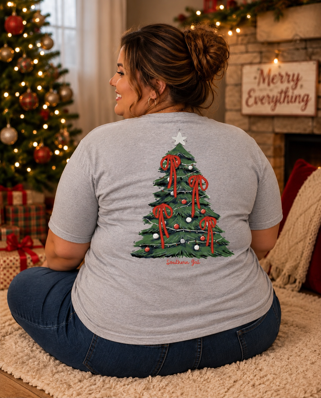Southern Gal Bow Christmas Tree Short Sleeve Tee Gray