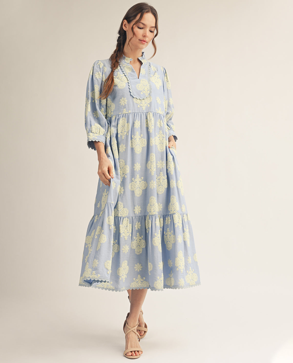 Jodifl Tiered Print Dress Sky Blue