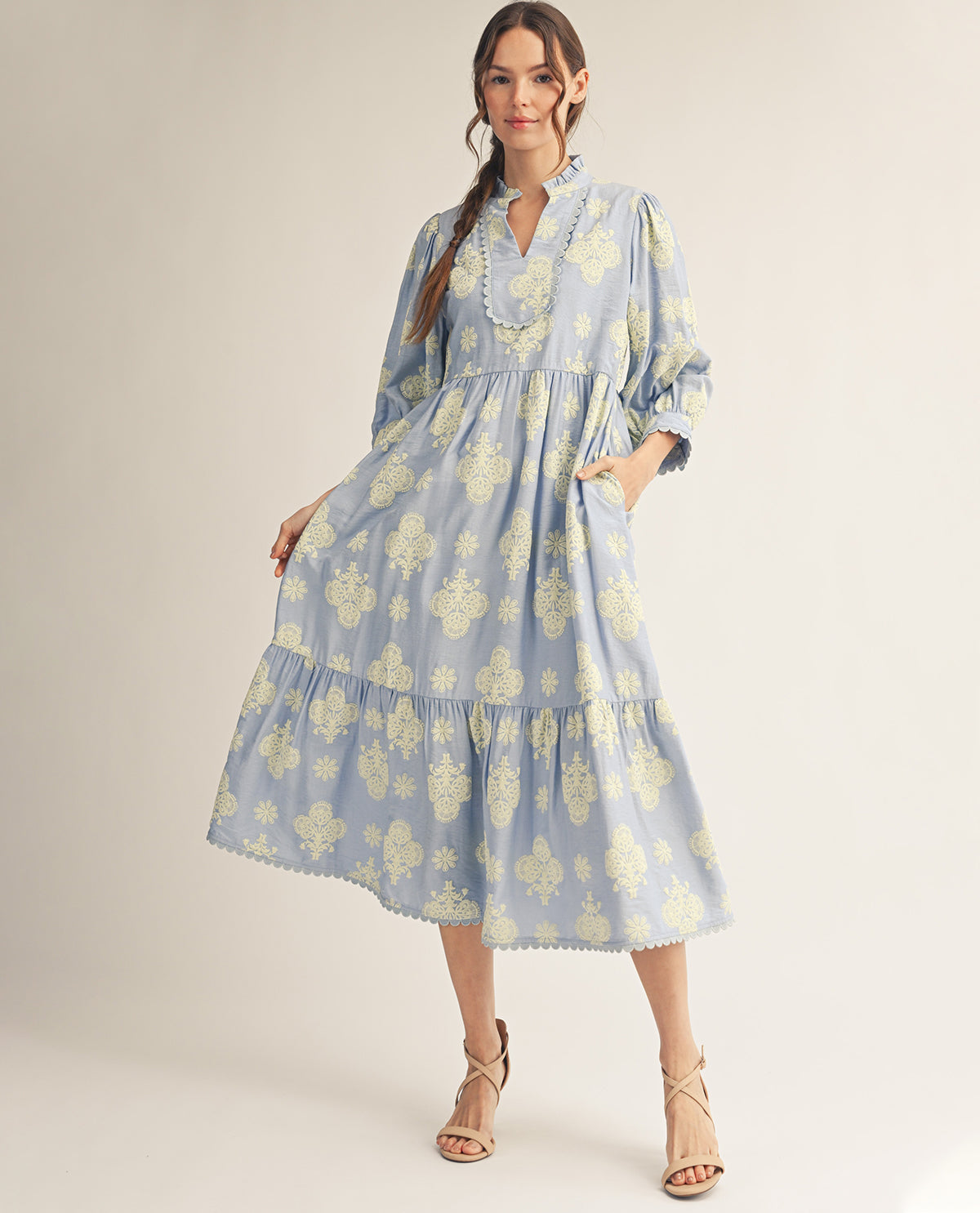 Jodifl Tiered Print Dress Sky Blue