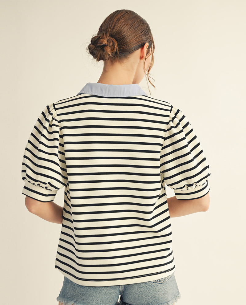 Jodifl Stripe Top With Solid Trim Collar White/Black
