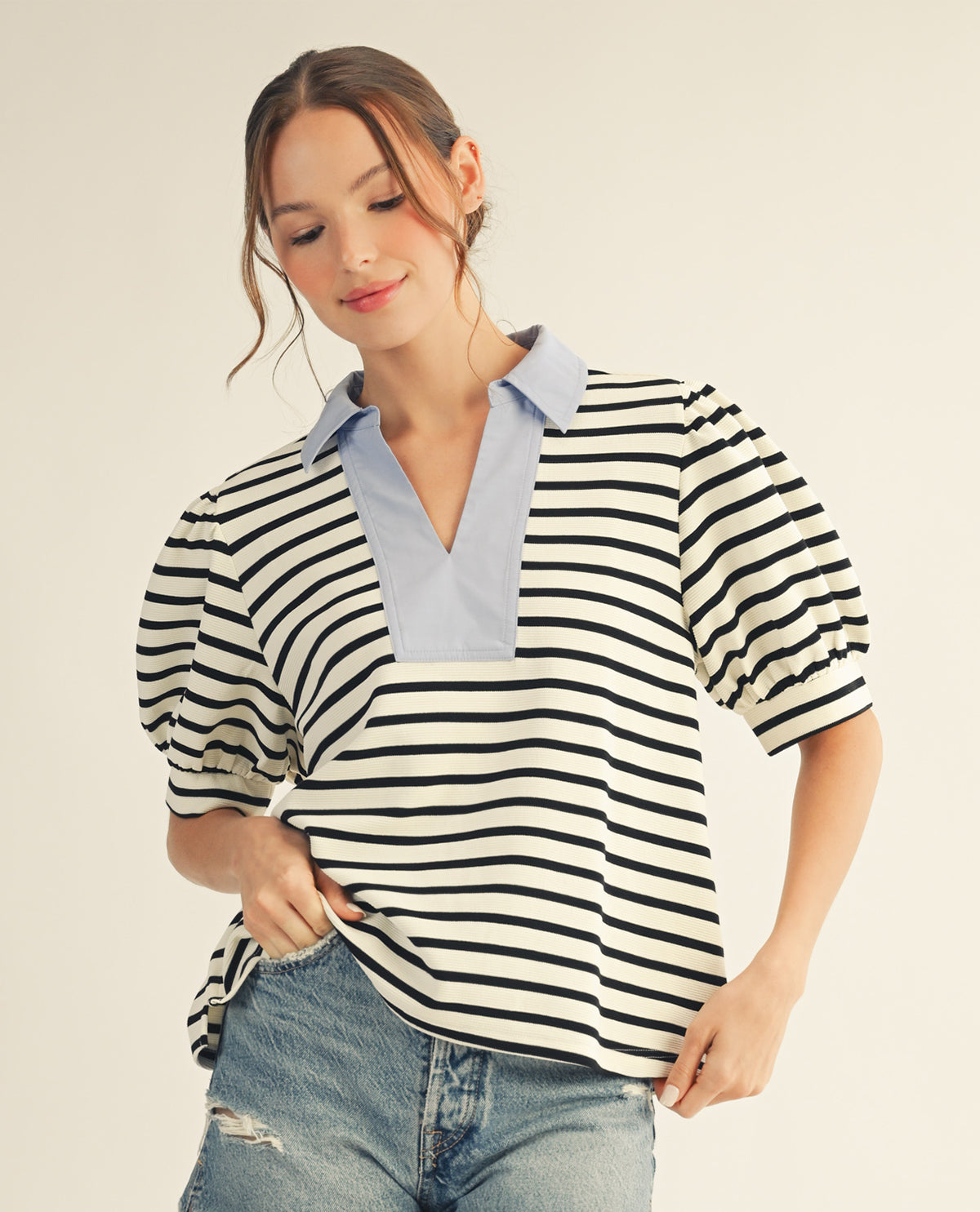 Jodifl Stripe Top With Solid Trim Collar White/Black