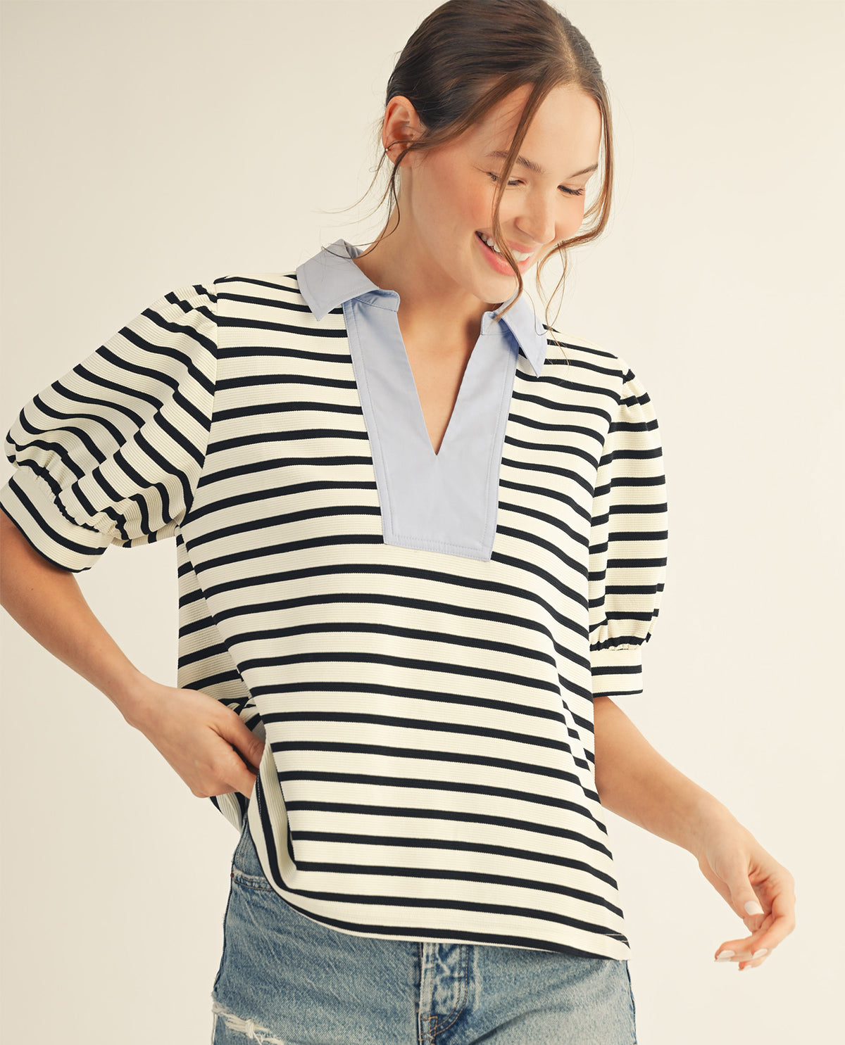 Jodifl Stripe Top With Solid Trim Collar White/Black