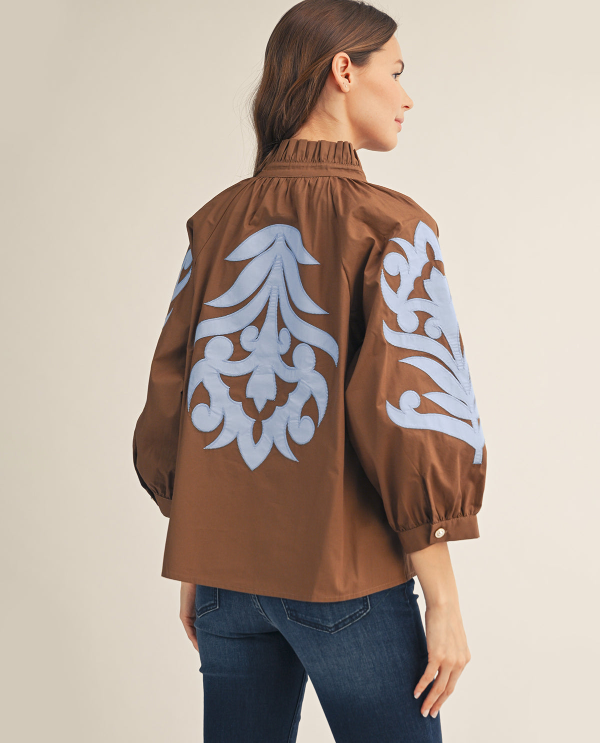 Jodifl Bold Applique Ruffle Neck Top