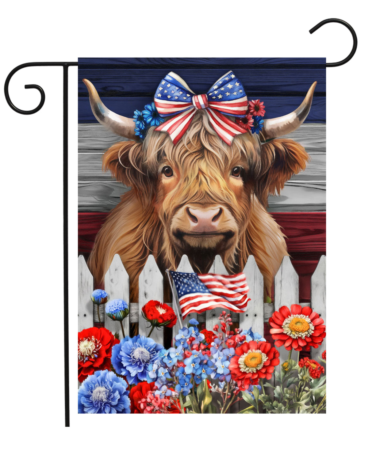 Patriotic Highland Cow Garden Flag