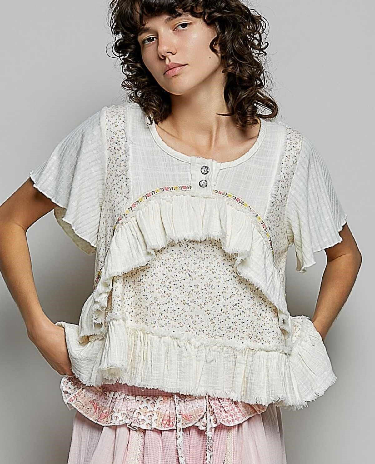 POL Gauze Henley Top With Print And Ruffle Natural