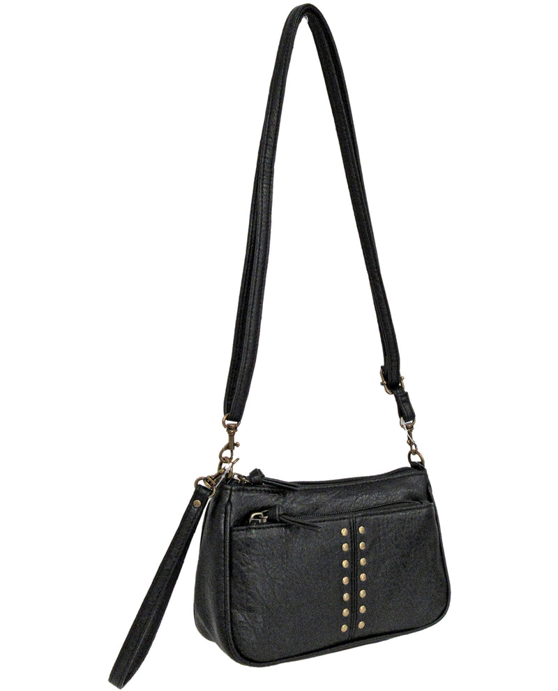 Black handbag with studded details on a white background