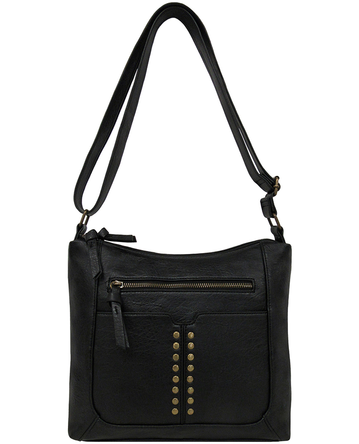 Black shoulder bag with gold studs on a white background