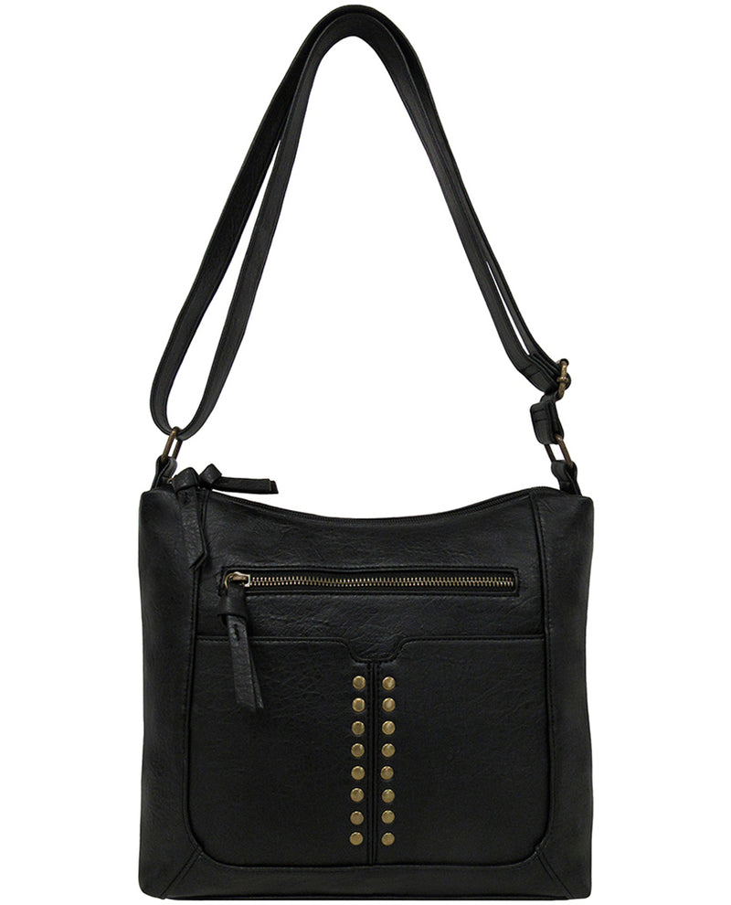 Black shoulder bag with gold studs on a white background
