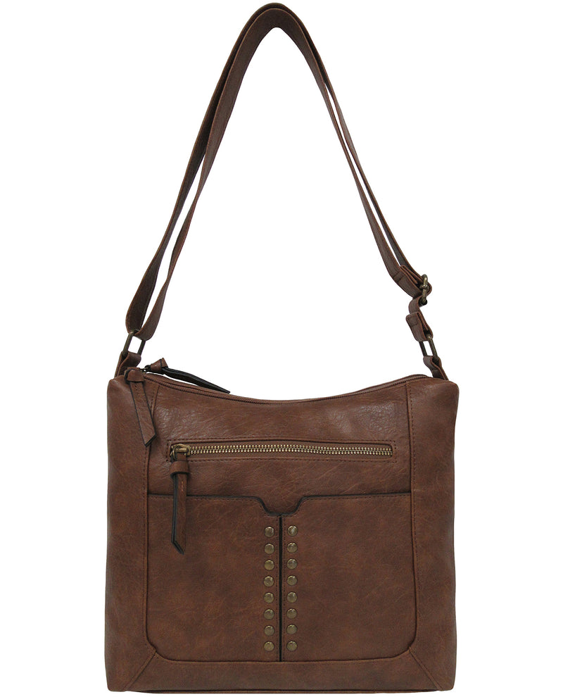 Brown leather handbag with a strap on a white background