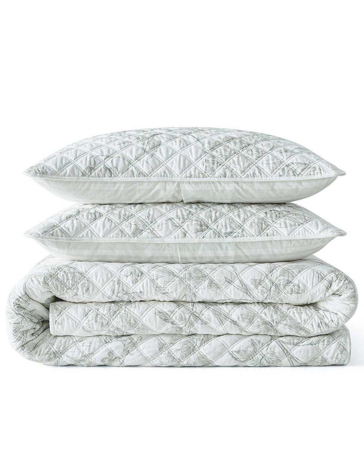A stack of three light gray quilted bedding pieces, including two pillows and a folded comforter or quilt, shown on a plain white background.