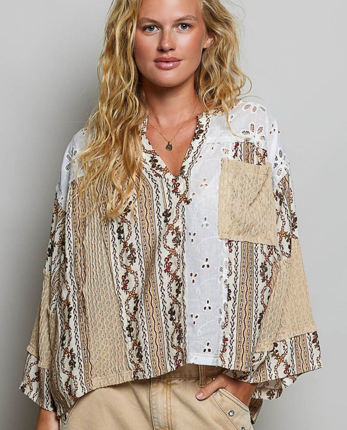 POL Print Top With Eyelet And Lace Detail Beige