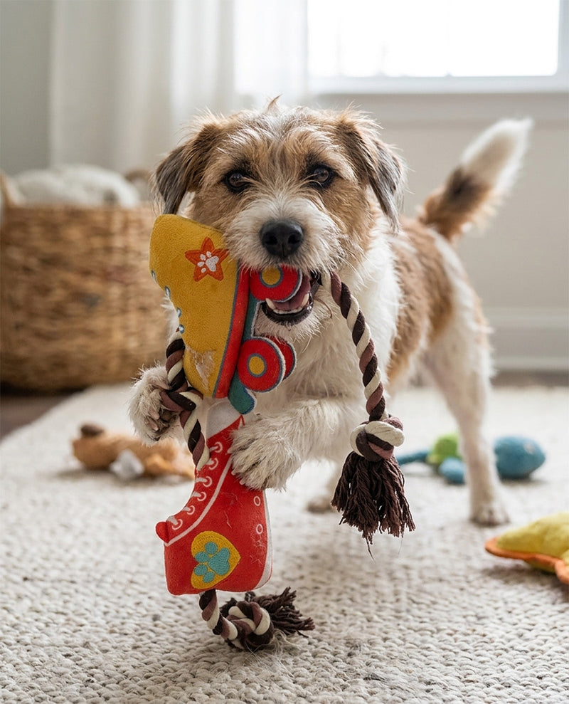 A small brown and white terrier dog stands on a light carpet in a bright room, holding a colorful plush dog toy with a braided rope handle in its mouth.