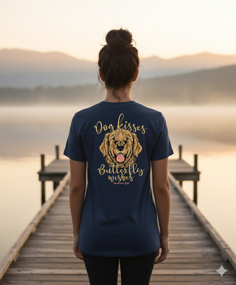 Southern Gal Dog Kisses & Butterfly Wishes Short Sleeve Screen Tee Navy