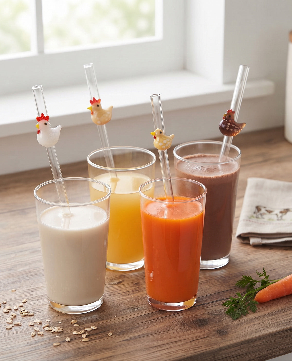 4pk Glass Straws - Chickens