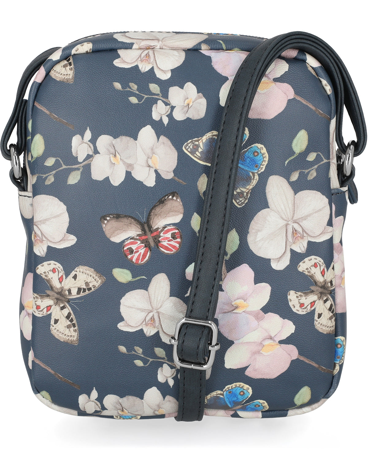 Floral and butterfly patterned bag on a white background