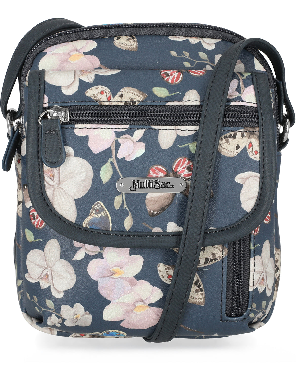 Floral-patterned crossbody bag with 'Multibag' branding on a white background